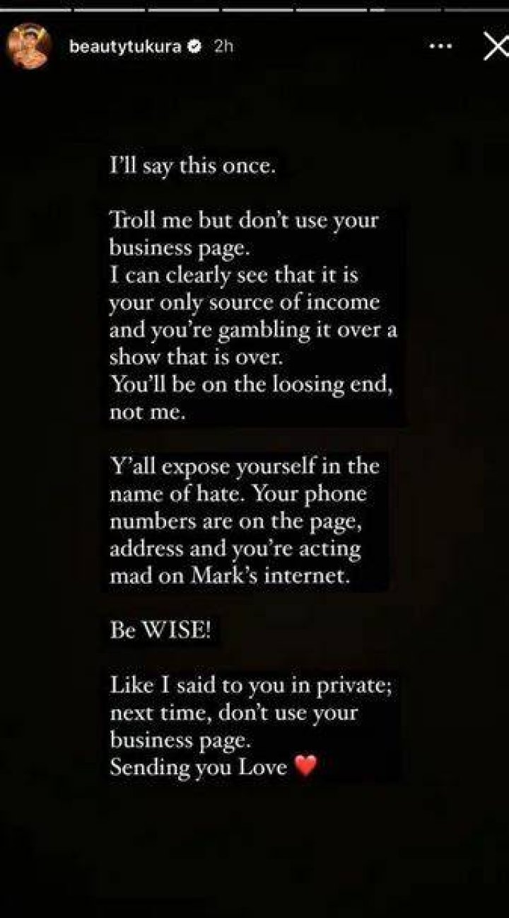 
Beauty Tukura Warns User Who Trolled Her With Their Business Page 